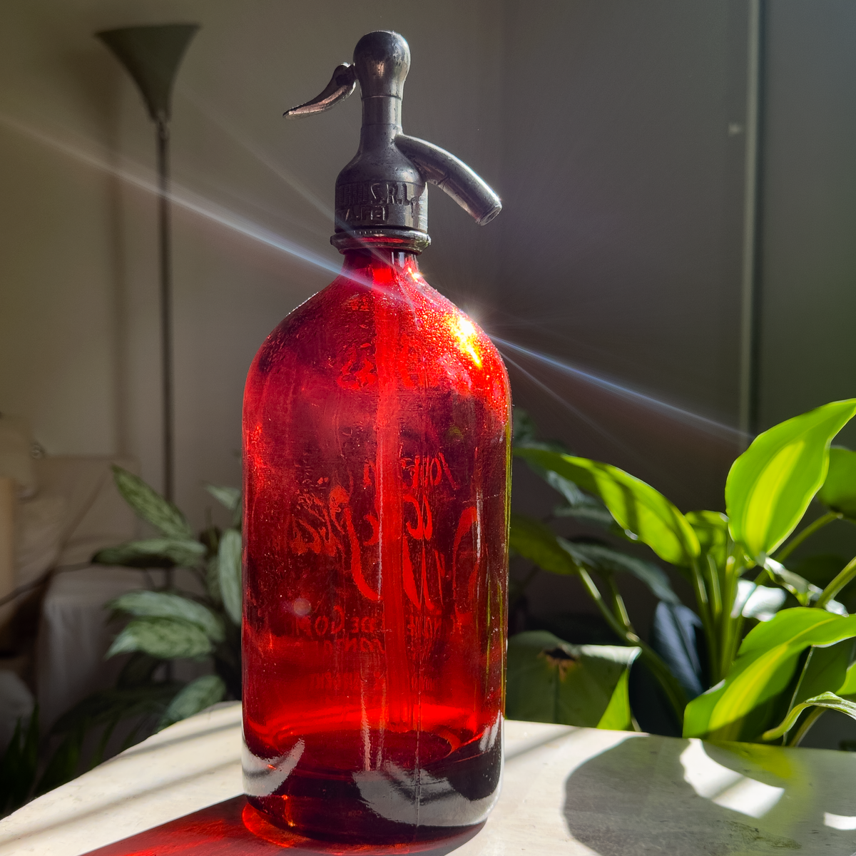 1 liter Red Lithographed Vintage Seltzer Bottle.
