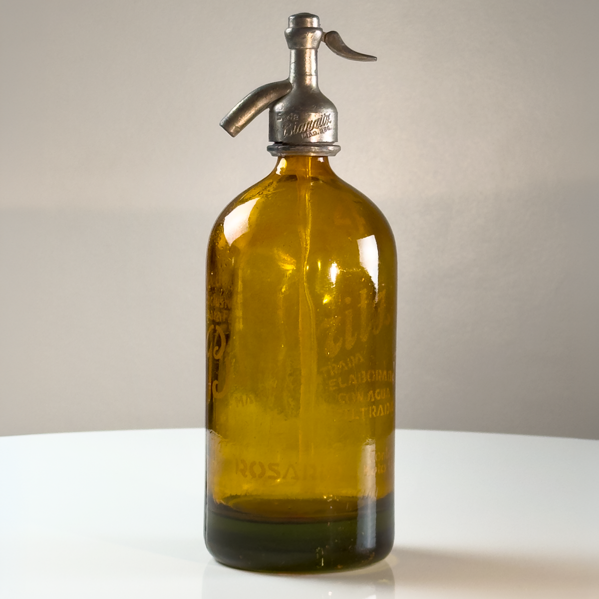 1-Liter Amber Lithographed Seltzer Bottle