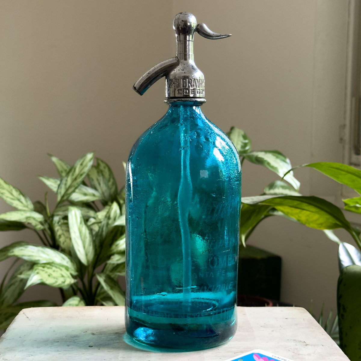 1-Liter Blue Lithographed Seltzer Bottle