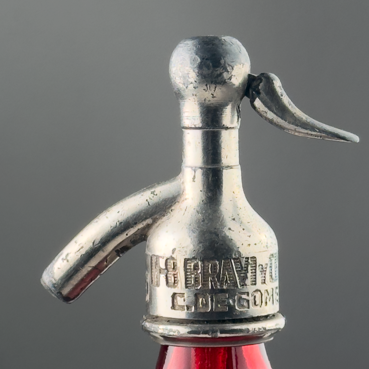 1 liter Red Lithographed Vintage Seltzer Bottle.